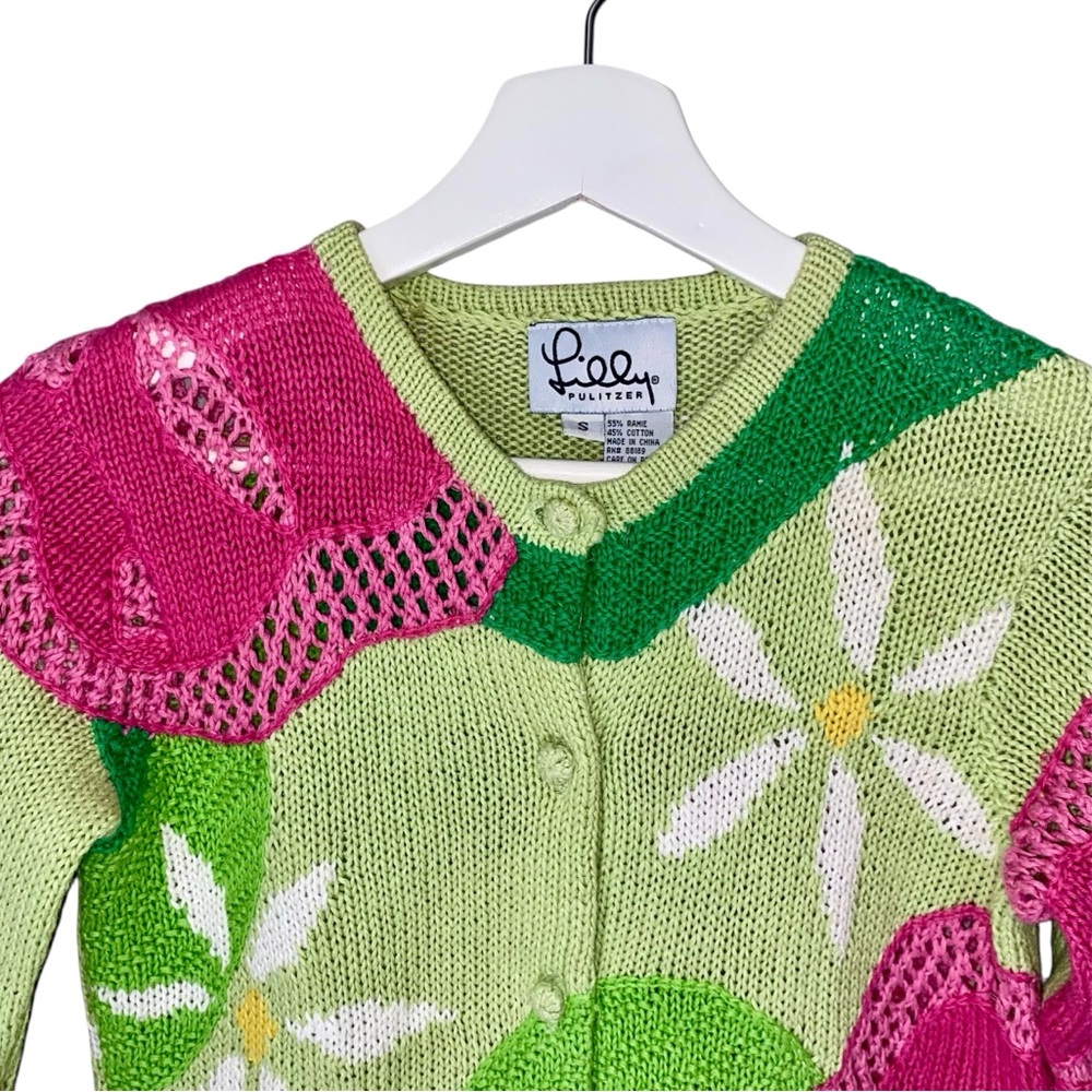 LILLY PULITZER Cardigan Sweater Button Up Long Sleeve Green Pink Floral Women S - Picture 4 of 10